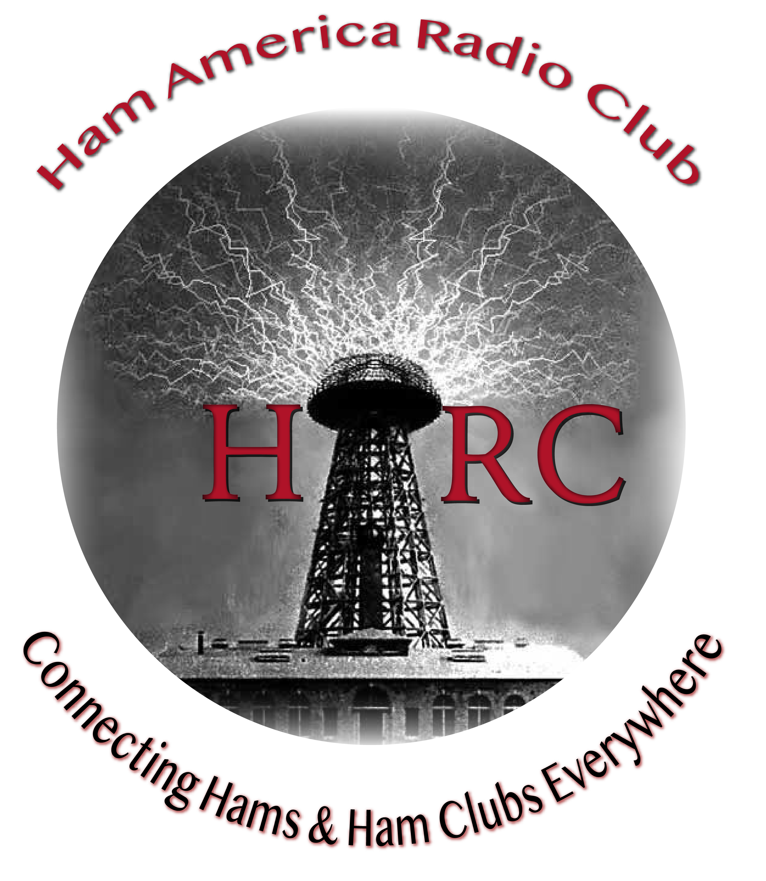 This is the logo for the Ham America Radio Club. The logo is in the shape of a circle. In the circle is a picture of the famous tower that was built by Nikola Tesla with electricity waves that look like lightening coming out from the top of the tower. The letters H, R, and C are on either side of the tower to make the tower seem like it represents the letter A to say HARC, which is the acronym for the Ham America Radio Club. 